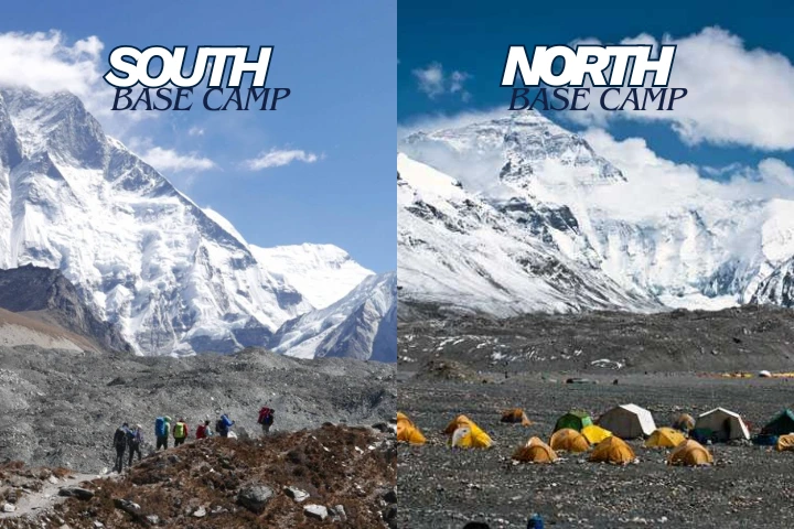 Elevation markers and landscapes of both the South (Nepal) and North (Tibet) Mount Everest Base Camps.
